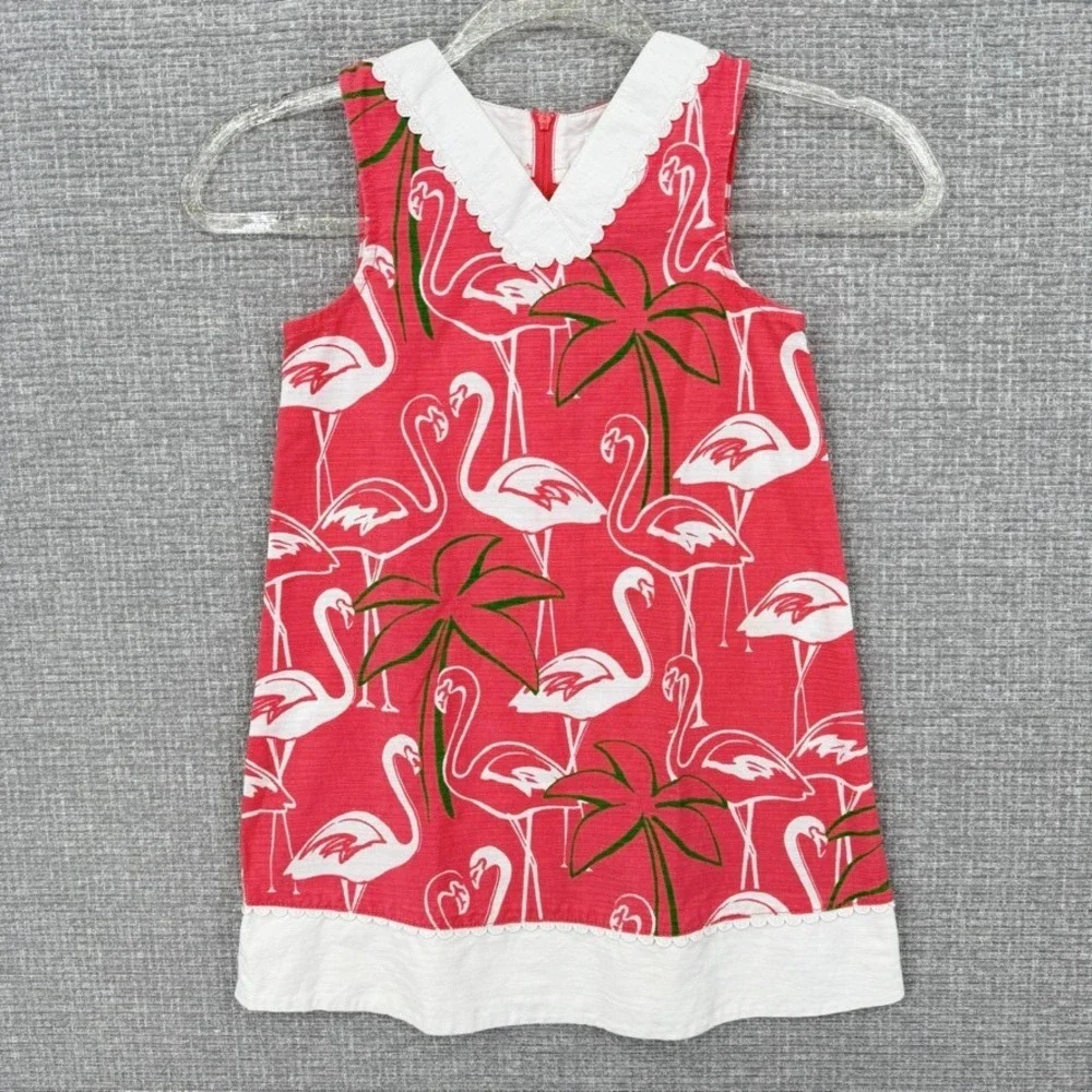 Vintage Gymboree Flamingo Dress Kids Size 6 Pink Palm Tree Cotton Boho